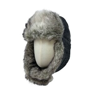 Woolrich Mens Gray Wool Blend Faux Fur Trapper Hat Buffalo Plaid Lining Medium
